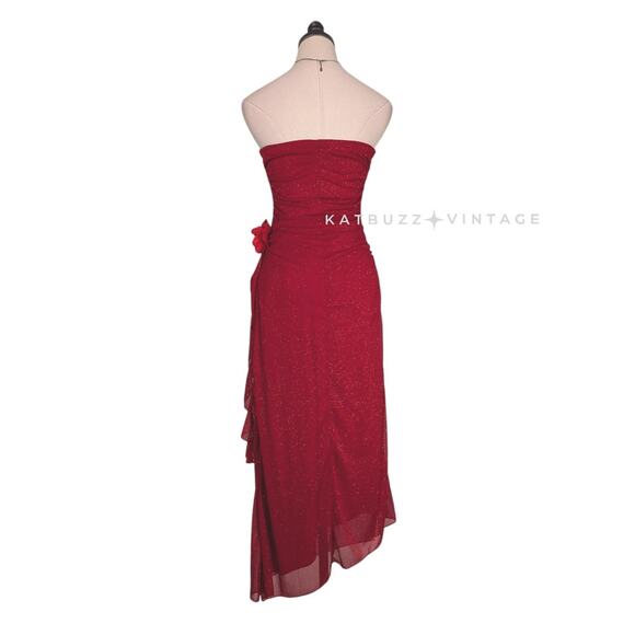 Vintage Prom Dress Maxi Gown M Red Y2K Strapless Mesh Ruffle Fairy Glam Stretch - Picture 2 of 12